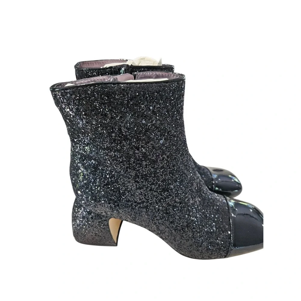 Black Glitter Ankle Boots Square Toe Block Heel Evening Party‎ Sparkle Size 8M
